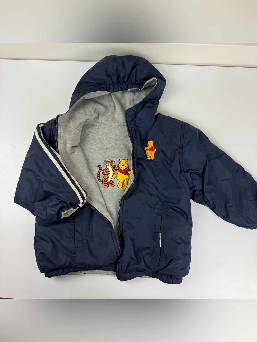 VTG The Disney Store Winnie The Pooh Navy Hooded Jacket Grey Fleece Lining 2T-3T